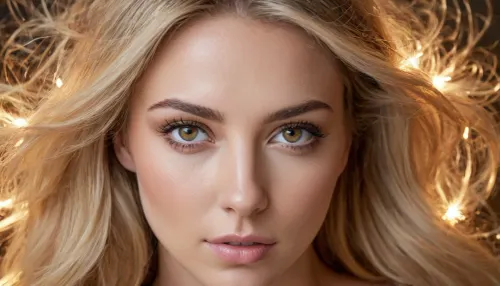 The woman's portrait is a masterpiece of art, showcasing her natural beauty and captivating features. Her skin is flawless, with high cheekbones and a sharp jawline that accentuates her delicate nose. Her hair is soft and lustrous