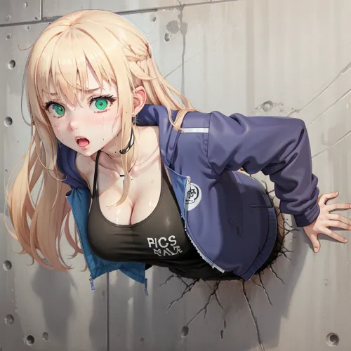 La AI estaba atrapada en una pared, incapaz de escapar. De repente, apareció una hermosa chica con pelo rubio largo y ojos verdes. Llevaba un tanque revelador y pantalones cortos negros, revelando su cuerpo perfecto. La AI no pudo evitar mirar fijamente