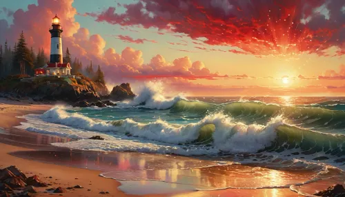 La escena es una hermosa playa iluminada al amanecer, con el sol que se levanta sobre el horizonte. El cielo está pintado en colores vibrantes de rojo, naranja y rosa. En la distancia, hay un faro que permanece alto y orgulloso en el fondo