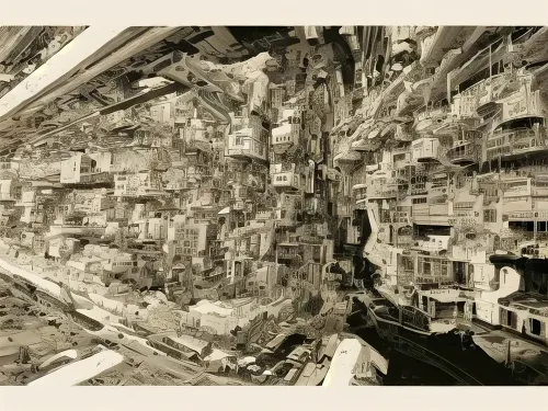 Las imágenes generadas por AI de edificios y estructuras son una obra maestra, con una atención increíble al detalle que atrae al espectador con su inmenso tamaño y grandeza. Las líneas y edificios son intrincados, dibujando al espectador con su inmenso tamaño y grandeza