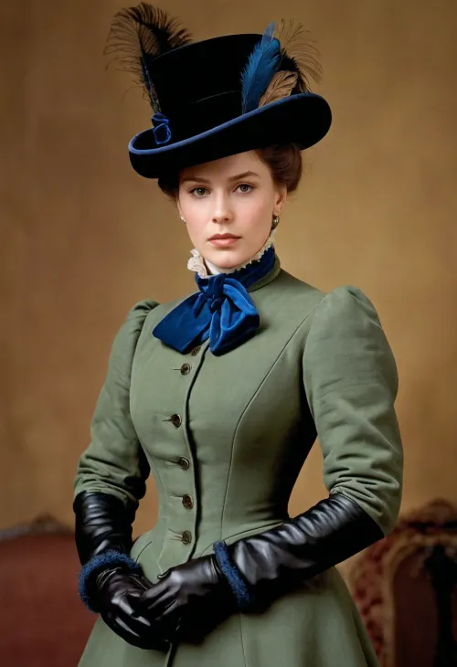 The young woman in the picture is wearing a Francis hat, which was a popular accessory for women in the 1880s. The hat is made of velvet and trimmed with elegant light feathers, adding to its elegance. Her outfit is completed with