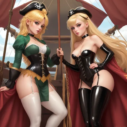 Tinker bell and Captain Hook

tinker bell is a sweet, sexy, very very petite fairy with wings.Her clothes are green and translucent latex. Is corset dress transparent latexHer hair is long and blonde and in a high bunHer hands are sleek slender and delicate. Her face small, sweet and beautiful.Her eyes are blue, tender and seductive .Her eyes are blueLong legsVery short, less then 5 feetShe has wingsShe standing, leaning slightly fowardFull body scene, front facing camerain captain quarters of pirate ship Small breastBlack choker with metal heart