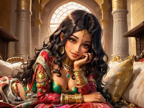 A young woman with darkly tanned skin and voluminous wavy black hair, wearing a colorful exotic dress, laying on cushions in a middle-eastern palace, smiling playfully and wearing lots of jewelry