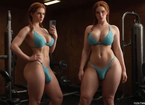 Two curvy futanari women with big bulging cocks, Facing camera, legs apart, light blue swimsuit, full swimsuit, low cut, team swimsuit, competition swimsuits, Sweaty gym, sweat soaked, two freckled redhead ginger women with braided hair, futanari, in a steamy hot gym, sexy stare, big penises bulging beneath their swimsuits, angry stare at camera, green eyes, realistic masterpiece, big butts, (wild style hair:1.1), ((full body in frame:1.1)), textured pale skin, perky breast, 24 years old, beautiful, seductive, alluring, (perfect hands:1.2), high quality, colorful, horny twins, twincest, no, nuts, no_nuts, futacock, <lora:bulgev1-beta:1.3>, <lora:262949_training_data:.4>, <lora:163908_training_data:.8>, <lora:FutaCockXL:.5>