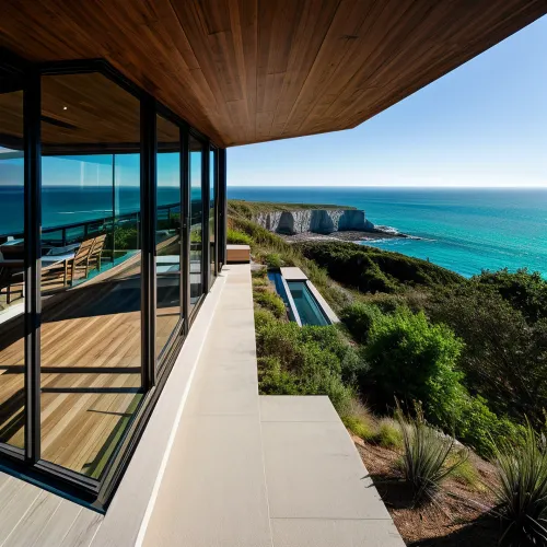 바다가 내려다 보이는 절벽의 가장자리에 멋진 집을 설계, 바다와 주변 산의 숨막히는 전망. 실내는 넓은 공간이며, 대형 창문을 통해 자연광 스트리밍이 많이 있습니다. 개인이 있습니다