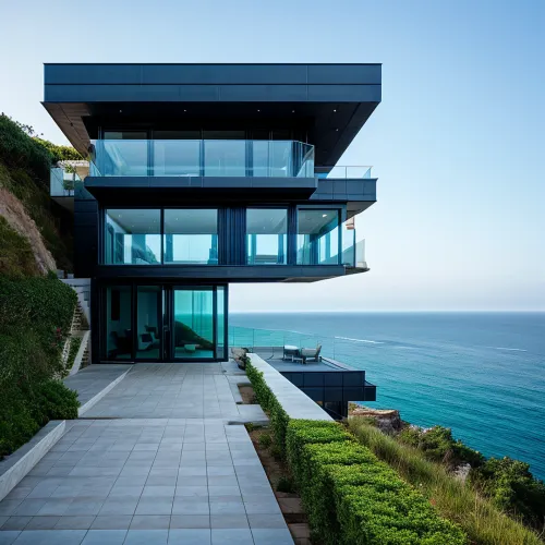 건축가의 집은 바다를 내려다 보는 절벽의 가장자리에 건축되었습니다, 바다와 그것의 주변의 그림 완벽한 전망. 정원은 테라스에서 의자에 앉아서 커피를 즐기며 전망