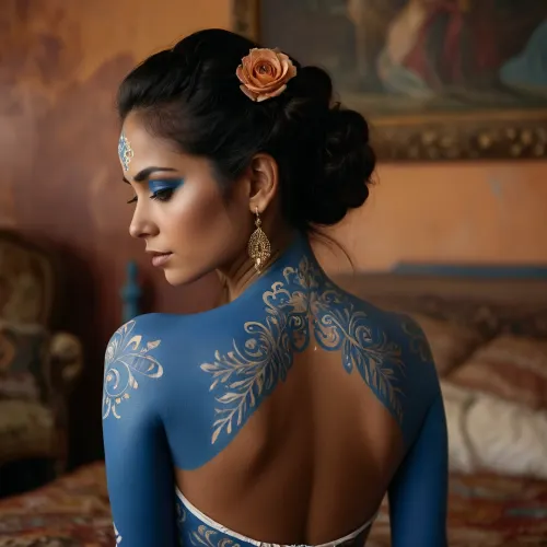 一个漂亮的墨西哥女士带着蓝色的车身涂料站在镜头前,拿着自己的照片. 她脸上有个表情 表明她享受了这一刻 照片是在蓝色背景前拍的