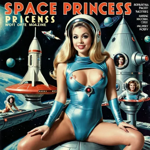 The 20-year-old space princess was admiring the retro futuristic colors of her spaceship interior, admiring her full body view, medium breasts, happy smile, long hairy pube and fit and trimmed pubic fleece. Her