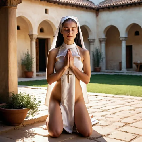 The young nun stood naked in the courtyard, her hands on her chest, sad smile on her face. She was a nun who had been caught masturbating in the confessional by the priest. The picture of her naked body was being circulated around the