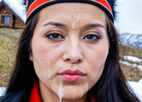 Die schöne Sámi-Frau mit traditionellen Sami-Tattoos, hohen und ausgeprägten Wangenknochen, auffälligen Mandel-förmigen Augen, epicanthische Falte, blaue Augen, warmer Hautton, hohe und ausgeprägte Wangenknochen, gerade leicht umgedrehte Nase, die
