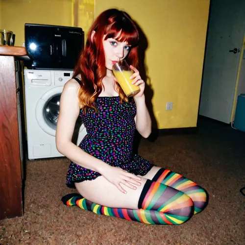 A ruiva introvertida com franjas e meias multicoloridas e um vestido de algodão curto bonito está sentado no chão em um canto escuro em uma festa em 1997, tirando fotos com sua câmera compacta