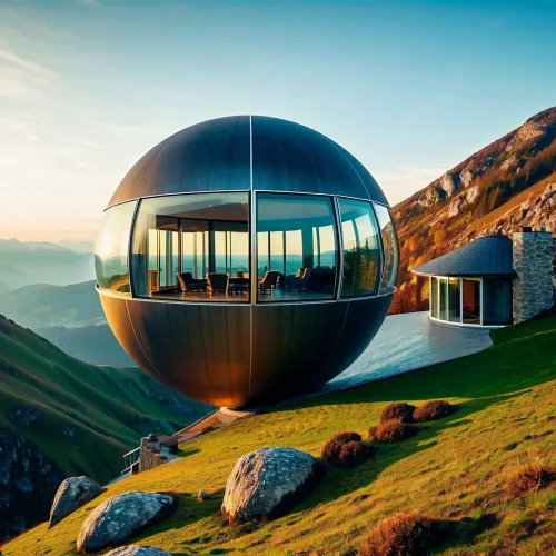 지상에서 매끄럽고 역동적 인 집은 주변 풍경에 완벽하게 조화시킵니다. 그것의 유일한 모양은 주위 조경의 전망, 유리벽과 더불어 밑에 계곡을 내려다 보는 유리벽으로 이음새가 없는 혼합합니다. 집으로