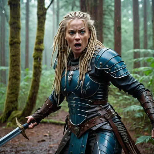 La femme guerrière se tenait dans la forêt, ses longs cheveux blonds coulant dans le vent. Elle était une prédatrice de 45 ans, avec des yeux bleus et une détermination farouche à protéger sa tribu. Son épée était à ses côtés, prête pour la bataille
