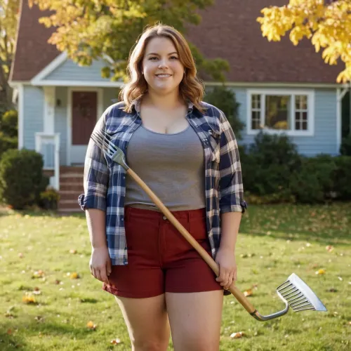 A cute, chubby, 30-year old woman with big hips and a pretty round face was standing on the lawn of her nice suburban house. She was wearing a cute flannel shirt over a tank top and shorts. The sunlight was