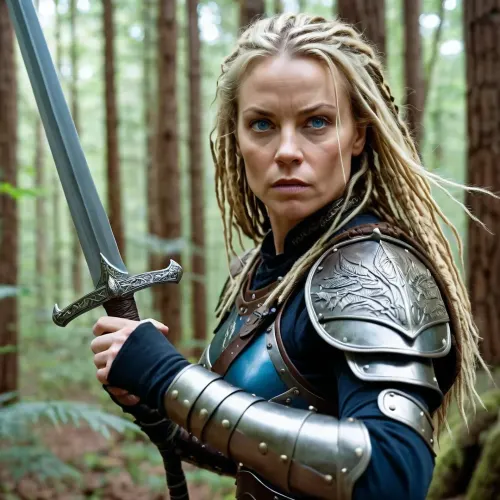 Un guerrier féroce aux longs cheveux blonds et aux yeux bleus, maniant une épée à la main, a chassé sa proie à travers la forêt épaisse