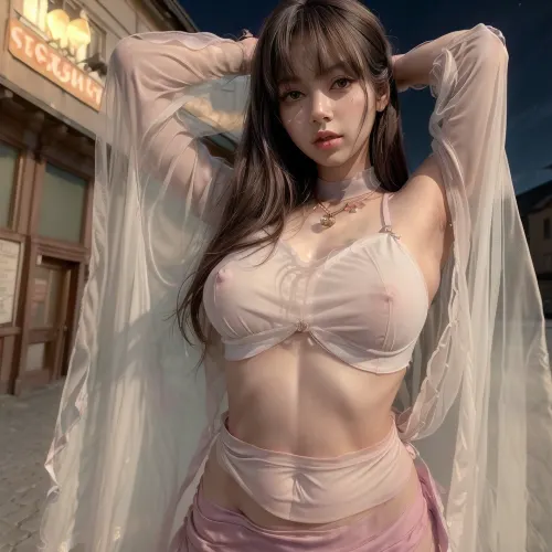 A 4K detailed porn picture of Lisa wearing a crop top and sheer skirt, with large breasts and long wavy hair, was generated by an AI using a cropping technique. The room was dark and the lighting was dim, but the lighting around