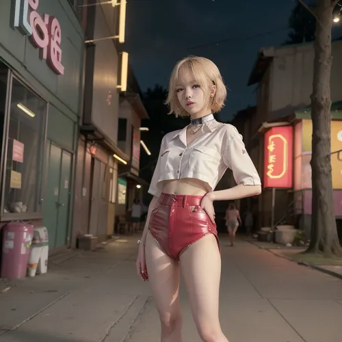 Lisa, the best quality AI generated photo with ultra high res and storefront background, standing in slum alley in small town with pink open shirt that shows her midriff. The blonde color hair girl is smiling while holding a pink open shirt that