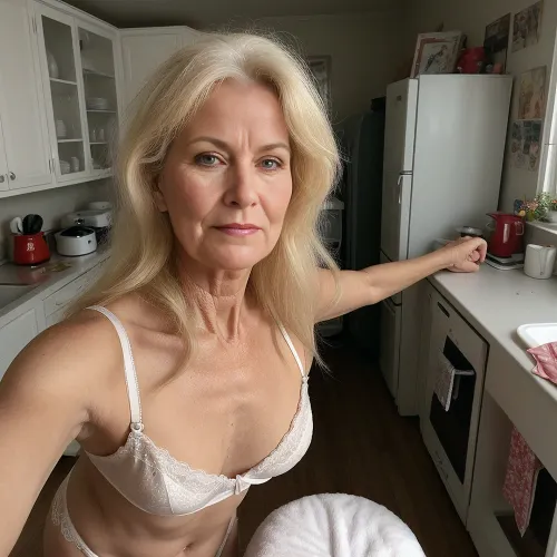 old mature, 65 year old, tall, blonde, long hair, very chubby, pointed big nose, small tits, in the morning, fluffy hair, messy hair, at the kitchen, sleep face, naught, after sleep, sexy lingerie, selfie picture