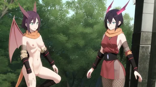 Full body, nude, souka, orange, scarf, red, sash, vambraces, fishnet, dragon, horns, wings, <lora:souka-nvwls-v1:1>