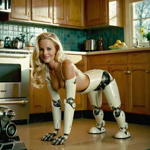 Nikki Tyler Quiron,一只机器人狗, 专业照片是金发的机器人头, 机械狗的躯体站在郊区厨房的四肢上