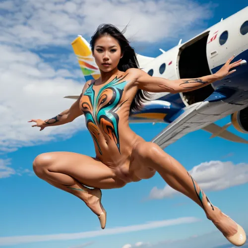 Die junge asiatische Frau war in der Luft und springte von Flugzeug zu Flugzeug. Sie hatte einen perfekten Körper mit einem Muskelaufbau und einem sportlichen Rahmen. Ihre Haut war glatt und glühend, und ihre Haare flogen wie Seide im Wind. Als sie sich der Perfektion näherte