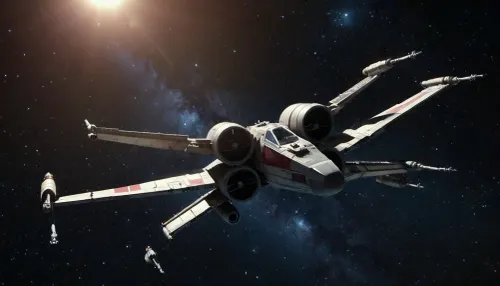 Die KI generierte ein hochwertiges Bild eines x-flügeligen Kämpfers, der von links nach rechts im Raum fliegt, mit der Milchstraße im Hintergrund