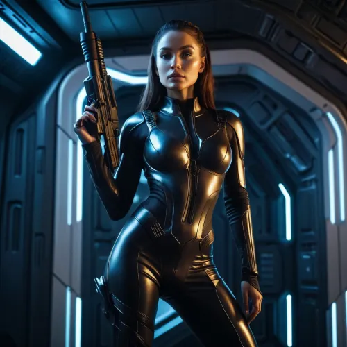 The futuristic warrior woman stood in front of the spaceship wall, holding her futuristic laser assault rifle. She was clad in a tight-fitting jumpsuit that hugged her curves and accentuated her figure. Her cropped hair was styled to perfection,