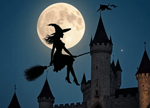 (nightly scene:1.3), young nude witch riding her broom above a medieval castle, (flying on her broom:1.5), (full moon:1.3)