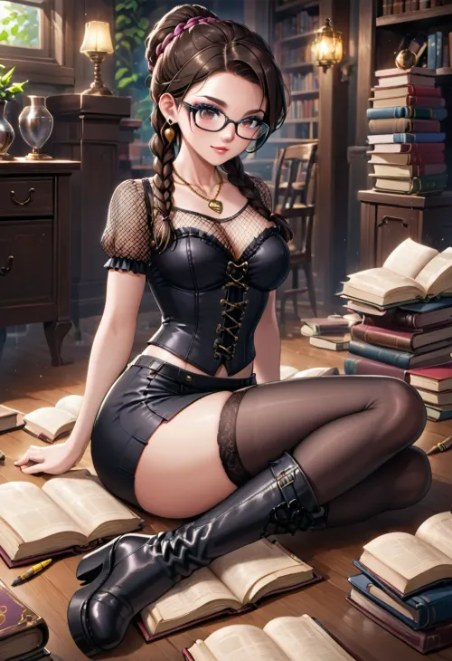 The woman sat on the steps, engrossed in a comic book, her fingers flying across the keyboard as she read. Her ponytail bounced with each movement, and she occasionally adjusted her glasses as she concentrated on the story. Her pencil skirt hugged