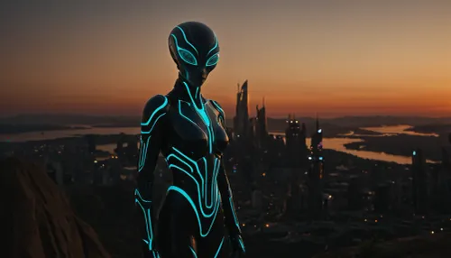 Yabancının gözleri, turquoise'in kısaltılması ve şekli henüz kasvetli. Onun anteni bir sleek'ten uzatıyor, almond- şekilli bir kafa o musluktan sleek'e uzanan bir spiralli antene, almondek, almondek
