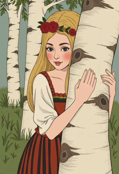 In a world where AI and technology reign supreme, a beautiful Russian girl with long blond hair and piercing blue eyes stands behind a birch tree. She is wearing a vintage dress made of tattered fabric, which hides her body from the prying eyes