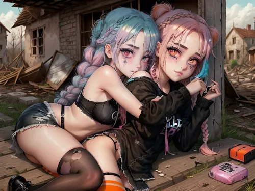 两个女孩的化妆和衣服被撕成碎片,躺在被摧毁村庄的断板凳上。 他们的目光很广,只看一眼。 当他们紧紧地拥抱对方时, 他们的脸上笑得很滑稽