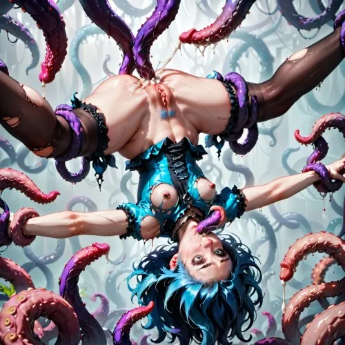 a tall milf, blue hair, aged, fit, small breast, A-cup, thick waist, thick tight, ((realistic)), gothic, pierced nipples, clothes ripped by tentacle, pussy dripping, tentacles, hairy pussy, sex with tentacles, tied by tentacles, high stockings, restrain in air by tentacles, triple penetration, lot of cum, cum in ass, ass dripping cum, tentacle deep in mouth, held upside down