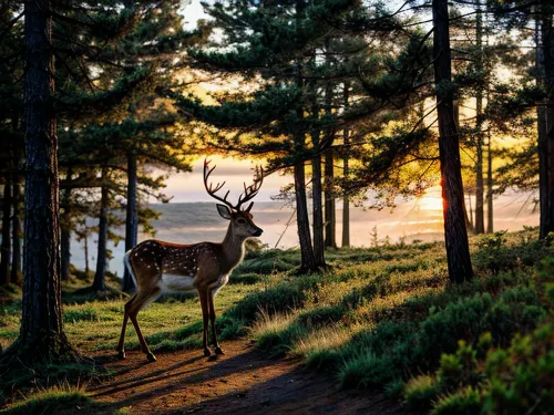 a deer in the forest, sunset, <lora:Background_Detail_v3:.8>, <lora:more_details:.8>