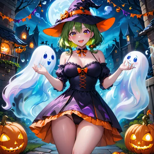 女孩们打扮成鬼魂,在附近玩耍或虐待,为那晚的万圣节派对而兴奋. 他们轮流使用鬼道具 一起拍照 一起享受万圣节的冒险