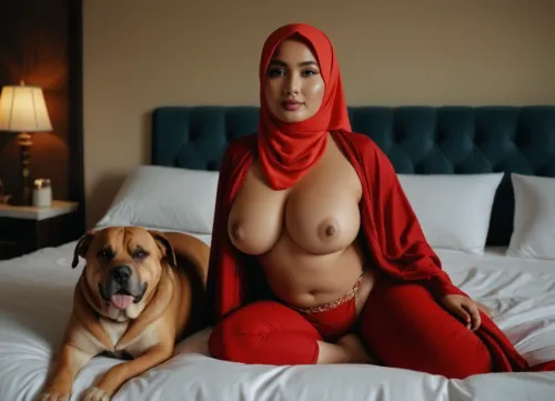 curvy body beauty indonesian women in hijab wear sexy bikini with big dog in bed
