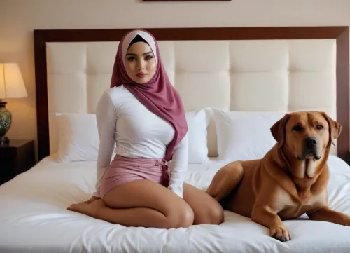 curvy body beauty indonesian women in hijab wear sexy bikini with big dog in bed