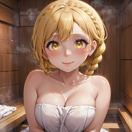 Une blonde aux rousseurs et aux yeux jaunes assis dans le sauna, bénéficiant de la vapeur chaude et des serviettes douces. Elle ferma les yeux en sentant la chaleur sur son visage, s'imaginant dans un beau sauna russe avec des tresses luxuriantes