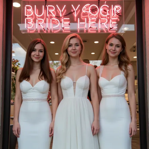 Drei Bräute im Alter von 25 Jahren stehen in einem Schaufenster, mit Neonzeichen mit Text "Buy Your Bride Here". Sie haben verschiedene Gesichter, verschiedene Hights und verschiedene Frisuren. Sie tragen weiße Brautkleider und oben ist eine riesige Neon
