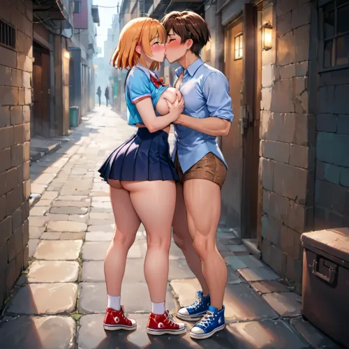 sakura kasugano kissing boy in alley, wearing schoolgirl uniform, wearing short blue miniskirt, wearing converse sneakers, brown short hair, blond medium length hair with bangs, pretty face, blushing facial expression, hourglass figure, large breasts, large butt, big toned legs, grabbing breast