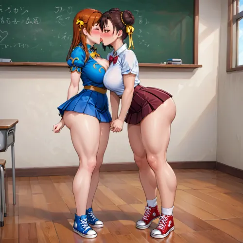 Sakura Kasugano, ein schöner französischsprachiger Schüler, wurde von Chun-li im Klassenzimmer mit einer Schulmädchenuniform gefangen. Sie blushed, als sie fühlte, dass ihre großen Brüste von Chun-lis starken Händen gedrückt wurden. Ihr hübsches Gesicht