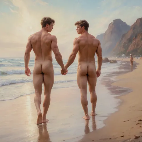 Zwei muskulös, nackte Männer genießen den Blick auf ein schönes Gemälde von Daniel F. Gerhartz am Strand