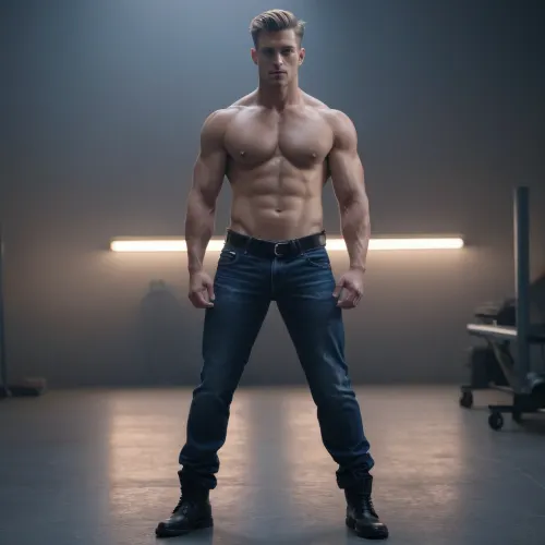 The young muscular policeman stood in an erotic pose in front of a full-length view of himself, with a stylish hairstyle on his head, in police shoes, open shirt, hi-res depth of field bokeh and highly detailed