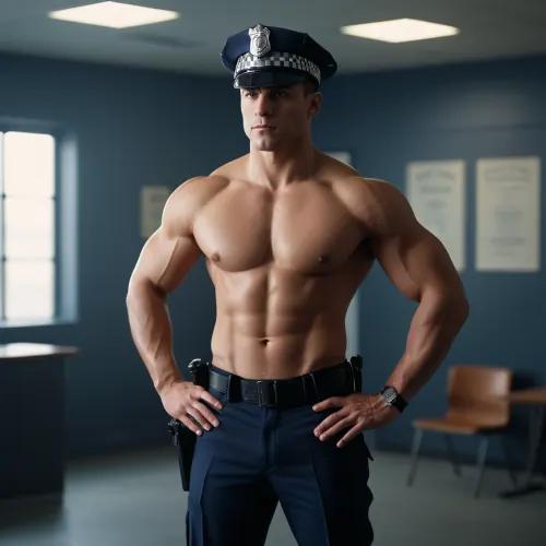 The muscular policeman stood in an erotic pose, holding a high-resolution 4k AI camera and savoring the moment. His muscles bulged as he held the photo, capturing every detail of his body and face. The lighting was cinematic, adding