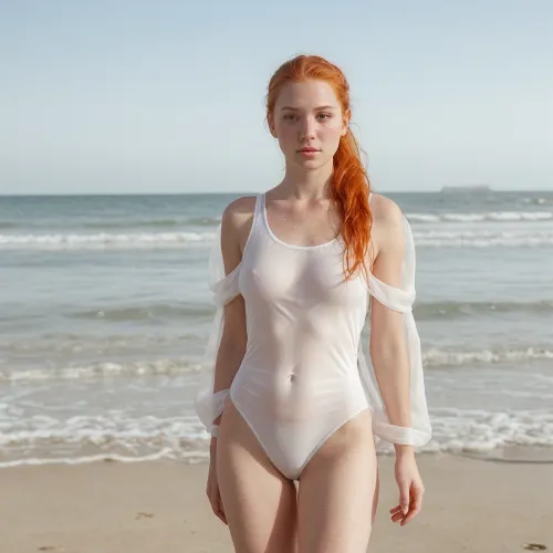 Ein Mädchen mit Ingwer-Frackles und einem weißen Badeanzug ging auf den Strand, genießen die Aussicht