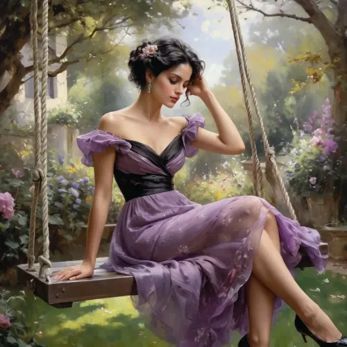 Un cuadro impresionante representa a una mujer en un jardín, con un elegante vestido púrpura y columpio en un exquisito vestido negro. Ella tiene pelo largo y piel marrón, y su ropa de alta calidad es altamente detallada
