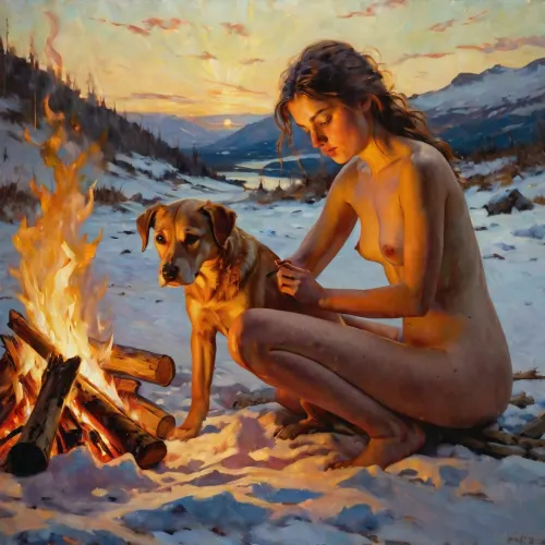 Alla luce di un fuoco, il corpo nudo di una donna è dipinto in olio. Il suo volto è visibile, e i suoi occhi sono chiusi in piacere. Il cane accanto ai suoi orologi con interesse come lei dipinge. Il dipinto cattura la bellezza della natura