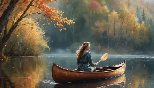 La chica acolchada a través del lago defectuoso, usando un vestido pintado acuarela y su pelo resaltado con aspectos iridiscentes. Las hojas de otoño flotaron en el agua, creando una escena soñada