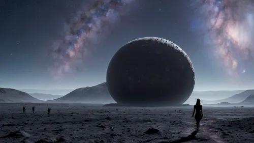 Uma linda garota nua caminha na lua, milhões de estrelas e planetas visíveis, estrutura de crateras detalhadas da lua visível, naves alienígenas podem ser vistas no quadro