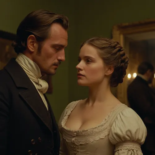 In den späten 1800er Jahren kreierte ein deutscher Künstler ein Porträt einer Frau mit einem eleganten Outfit. Das Gesicht der Frau wurde im Detail aufgenommen, mit ihren Augen geschlossen und Lippen leicht gespalten. Der Mann auf dem Bild wurde in formalen Kleidung gekleidet